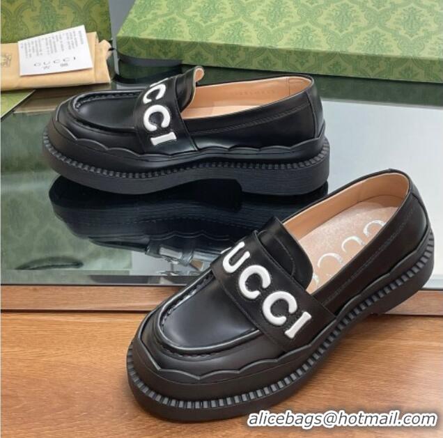 Good Looking Gucci Leather Platform Loafers with Script Black 916039