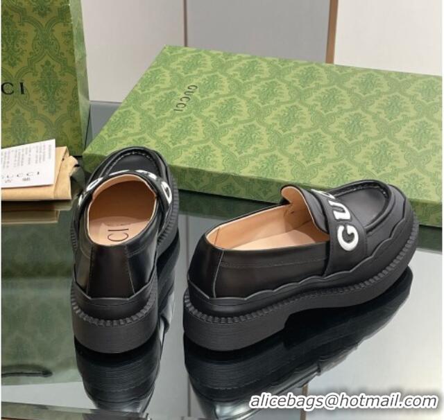 Good Looking Gucci Leather Platform Loafers with Script Black 916039