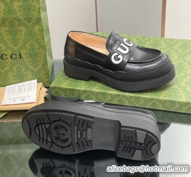 Good Looking Gucci Leather Platform Loafers with Script Black 916039