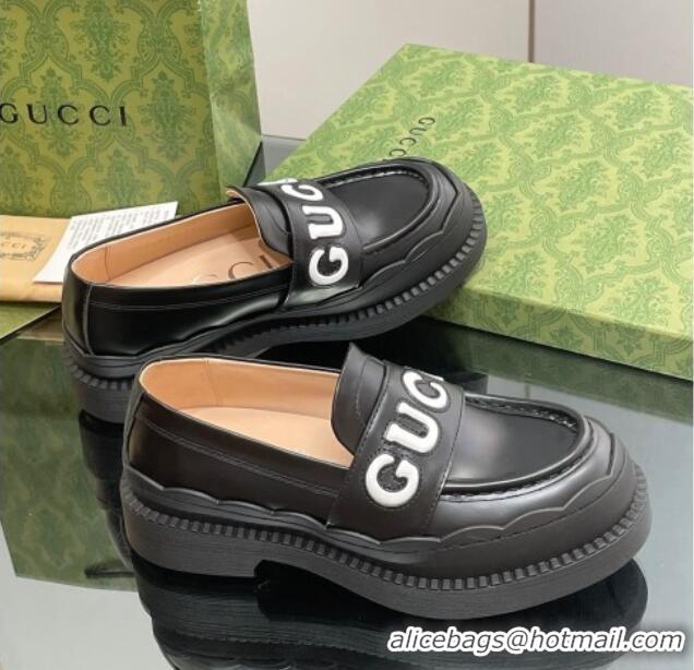 Good Looking Gucci Leather Platform Loafers with Script Black 916039