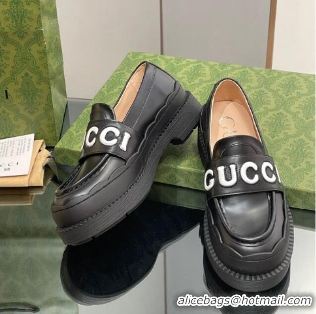 Good Looking Gucci Leather Platform Loafers with Script Black 916039