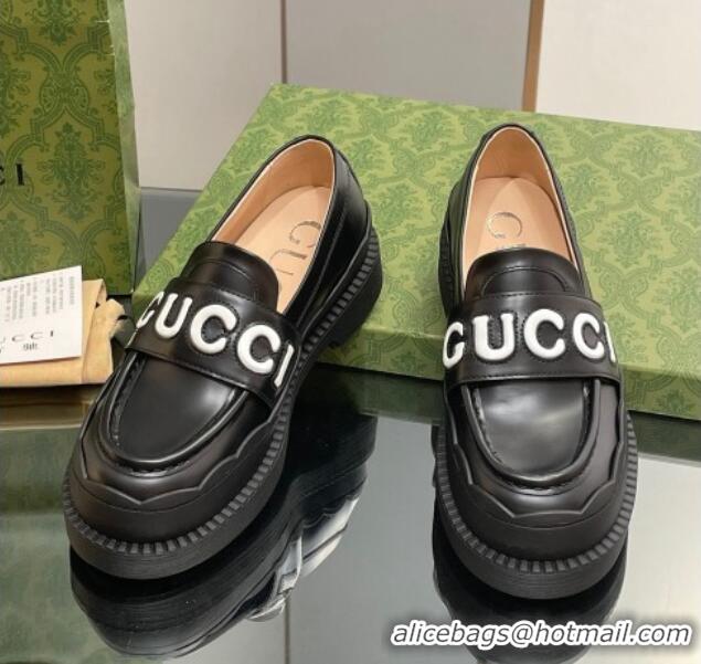 Good Looking Gucci Leather Platform Loafers with Script Black 916039