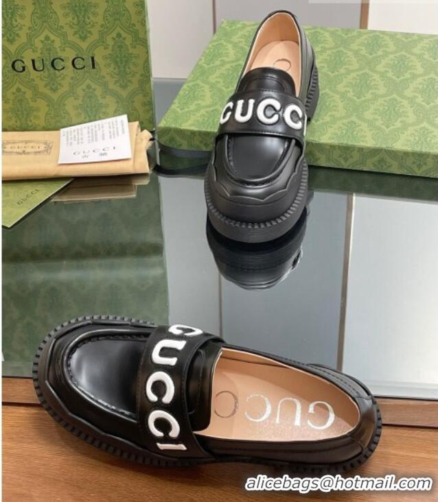 Good Looking Gucci Leather Platform Loafers with Script Black 916039