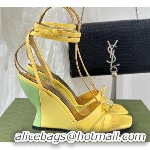 Good Taste Gucci Leather High Heel Wedge Sandals 9.5cm with Tiger Hardware Yellow 916041