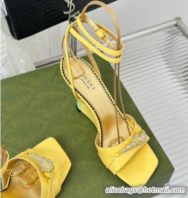 Good Taste Gucci Leather High Heel Wedge Sandals 9.5cm with Tiger Hardware Yellow 916041