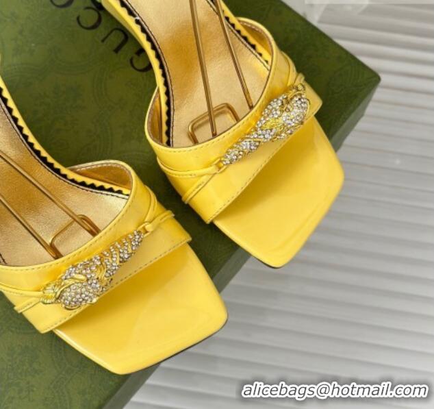 Good Taste Gucci Leather High Heel Wedge Sandals 9.5cm with Tiger Hardware Yellow 916041