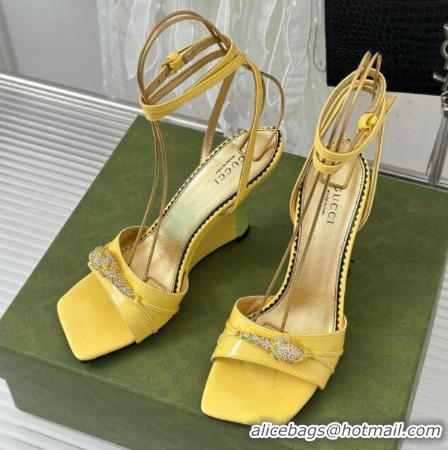 Good Taste Gucci Leather High Heel Wedge Sandals 9.5cm with Tiger Hardware Yellow 916041