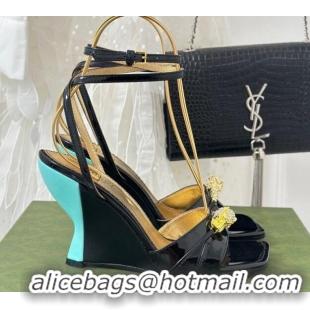 Low Price Gucci Leather High Heel Wedge Sandals 9.5cm with Tiger Hardware Black 916042