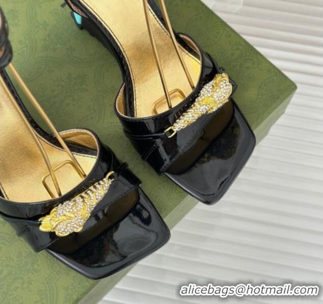 Low Price Gucci Leather High Heel Wedge Sandals 9.5cm with Tiger Hardware Black 916042