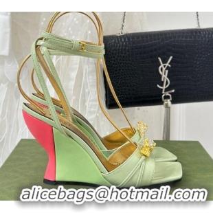 Durable Gucci Leather High Heel Wedge Sandals 9.5cm with Tiger Hardware Light Green 916043