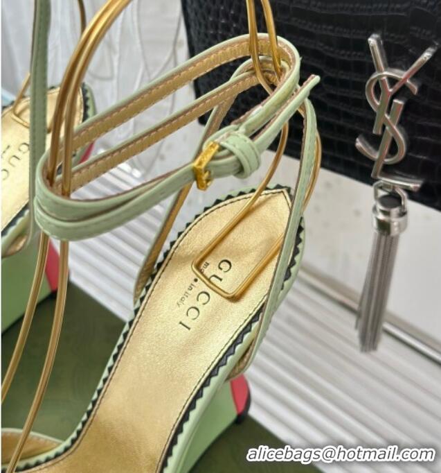 Durable Gucci Leather High Heel Wedge Sandals 9.5cm with Tiger Hardware Light Green 916043