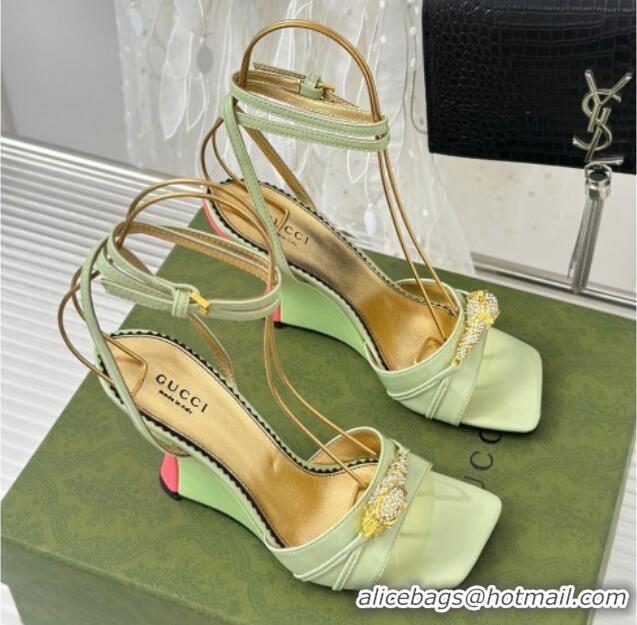 Durable Gucci Leather High Heel Wedge Sandals 9.5cm with Tiger Hardware Light Green 916043