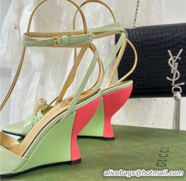 Durable Gucci Leather High Heel Wedge Sandals 9.5cm with Tiger Hardware Light Green 916043