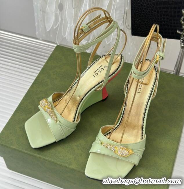 Durable Gucci Leather High Heel Wedge Sandals 9.5cm with Tiger Hardware Light Green 916043