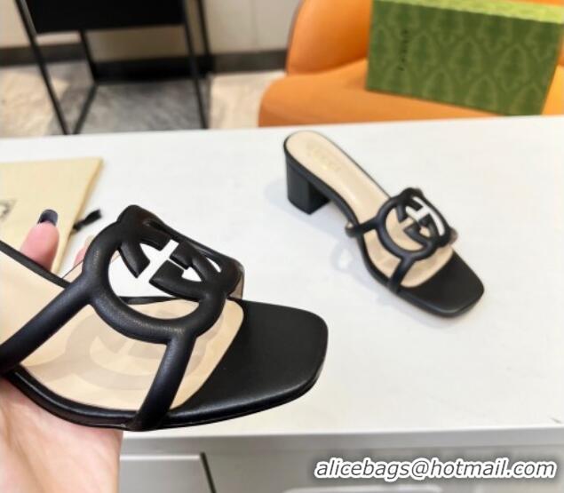 Buy Luxury Gucci Leather Heel Slide Sandals 5cm with Cutout GG Black 916044