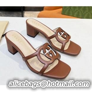 Best Price Gucci Leather Heel Slide Sandals 5cm with Cutout GG Brown 916045