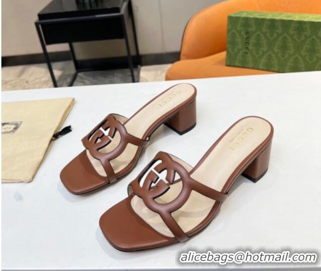 Best Price Gucci Leather Heel Slide Sandals 5cm with Cutout GG Brown 916045