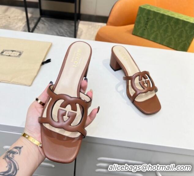 Best Price Gucci Leather Heel Slide Sandals 5cm with Cutout GG Brown 916045