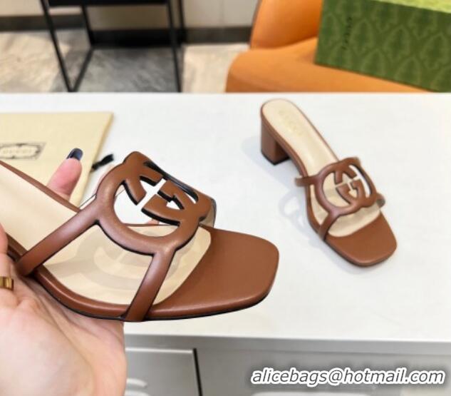 Best Price Gucci Leather Heel Slide Sandals 5cm with Cutout GG Brown 916045