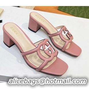 Purchase Gucci Leather Heel Slide Sandals 5cm with Cutout GG Light Pink 916046