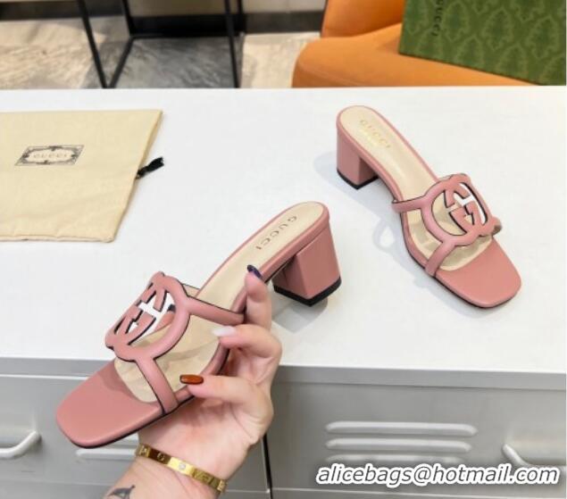 Purchase Gucci Leather Heel Slide Sandals 5cm with Cutout GG Light Pink 916046