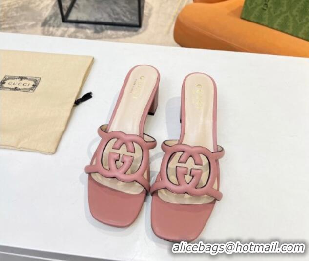 Purchase Gucci Leather Heel Slide Sandals 5cm with Cutout GG Light Pink 916046