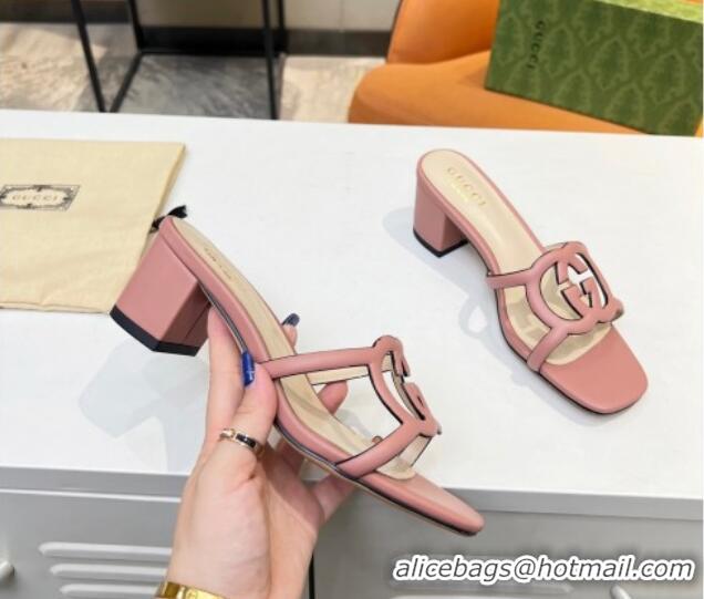 Purchase Gucci Leather Heel Slide Sandals 5cm with Cutout GG Light Pink 916046