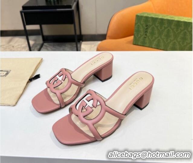 Purchase Gucci Leather Heel Slide Sandals 5cm with Cutout GG Light Pink 916046