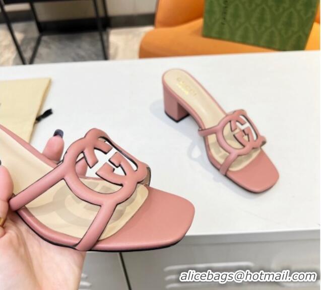 Purchase Gucci Leather Heel Slide Sandals 5cm with Cutout GG Light Pink 916046