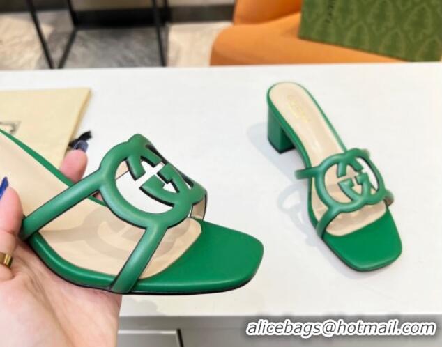 New Style Gucci Leather Heel Slide Sandals 5cm with Cutout GG Green 916047