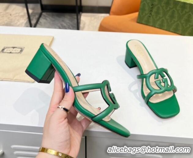 New Style Gucci Leather Heel Slide Sandals 5cm with Cutout GG Green 916047