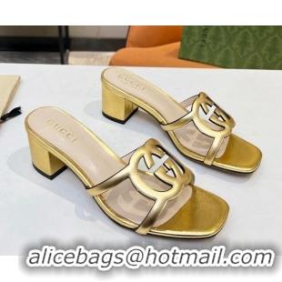 Best Quality Gucci Leather Heel Slide Sandals 5cm with Cutout GG Gold 0916048