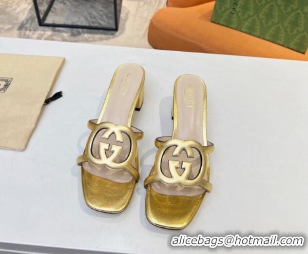 Best Quality Gucci Leather Heel Slide Sandals 5cm with Cutout GG Gold 0916048