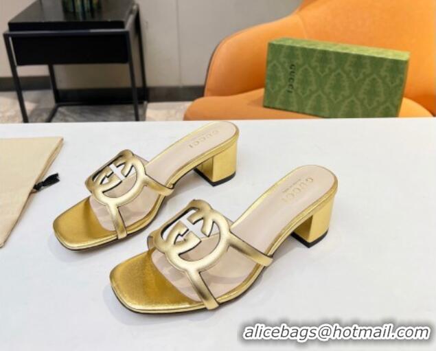 Best Quality Gucci Leather Heel Slide Sandals 5cm with Cutout GG Gold 0916048