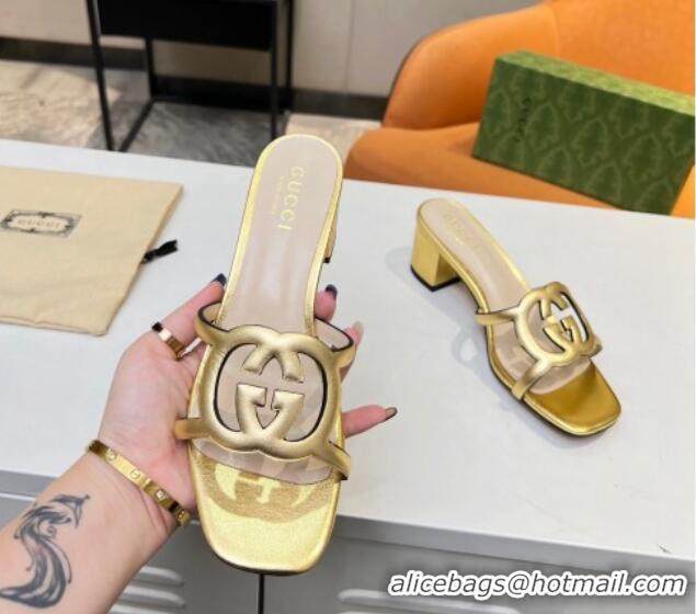 Best Quality Gucci Leather Heel Slide Sandals 5cm with Cutout GG Gold 0916048