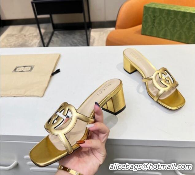 Best Quality Gucci Leather Heel Slide Sandals 5cm with Cutout GG Gold 0916048