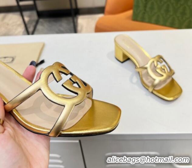 Best Quality Gucci Leather Heel Slide Sandals 5cm with Cutout GG Gold 0916048