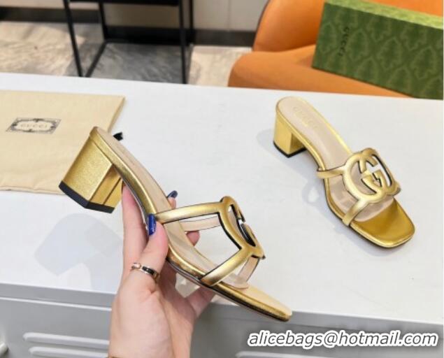 Best Quality Gucci Leather Heel Slide Sandals 5cm with Cutout GG Gold 0916048