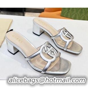 Big Discount Gucci Leather Heel Slide Sandals 5cm with Cutout GG Silver 916049