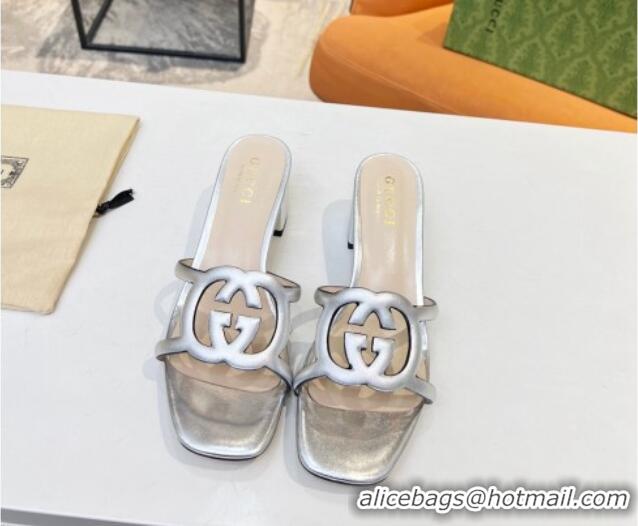 Big Discount Gucci Leather Heel Slide Sandals 5cm with Cutout GG Silver 916049