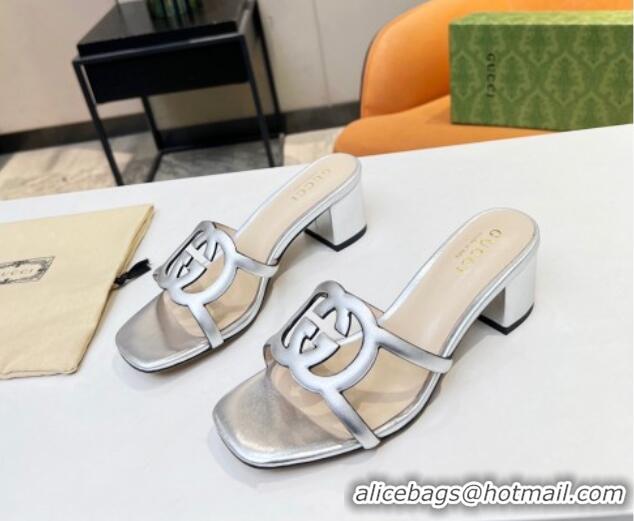 Big Discount Gucci Leather Heel Slide Sandals 5cm with Cutout GG Silver 916049