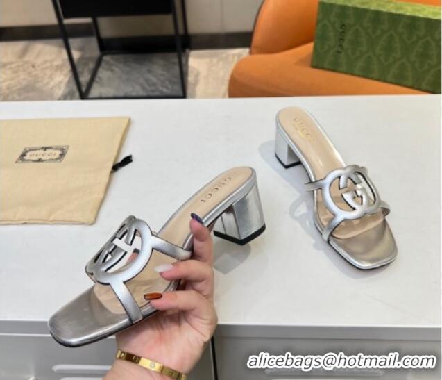 Big Discount Gucci Leather Heel Slide Sandals 5cm with Cutout GG Silver 916049