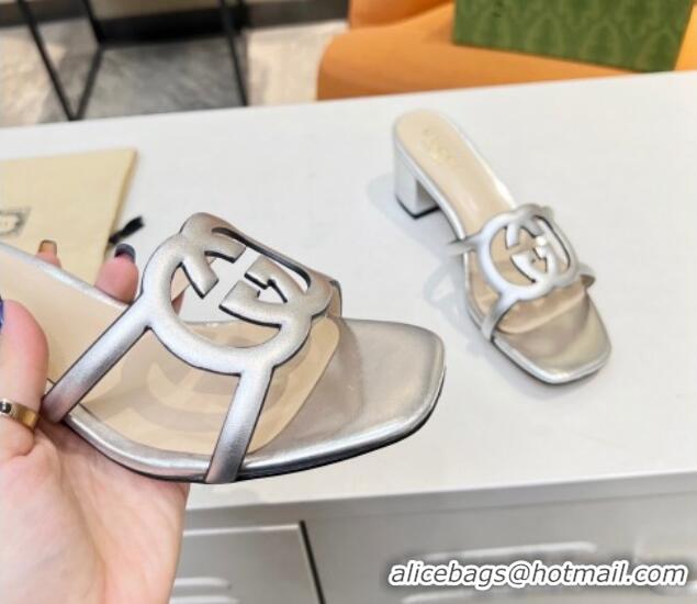 Big Discount Gucci Leather Heel Slide Sandals 5cm with Cutout GG Silver 916049