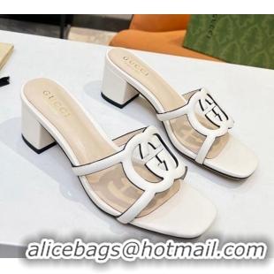 Lower Price Gucci Leather Heel Slide Sandals 5cm with Cutout GG White 916050