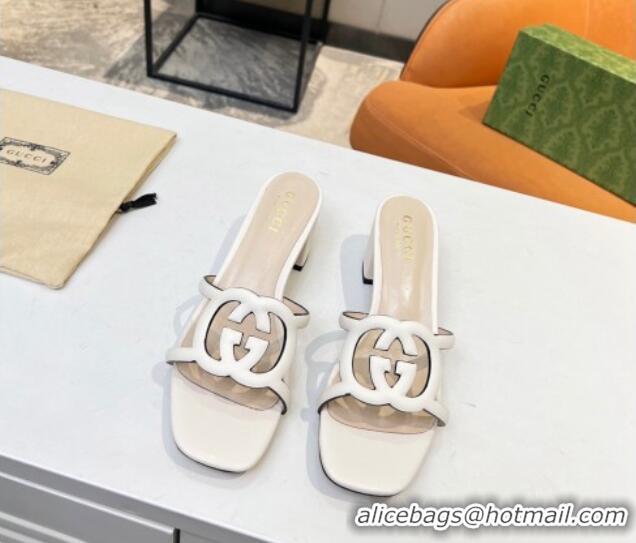 Lower Price Gucci Leather Heel Slide Sandals 5cm with Cutout GG White 916050