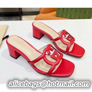 Low Price Gucci Leather Heel Slide Sandals 5cm with Cutout GG Red 916051