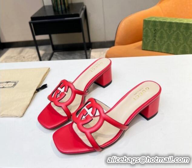 Low Price Gucci Leather Heel Slide Sandals 5cm with Cutout GG Red 916051