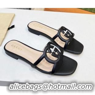 Good Product Gucci Leather Flat Slide Sandals with Cutout GG Black 916052