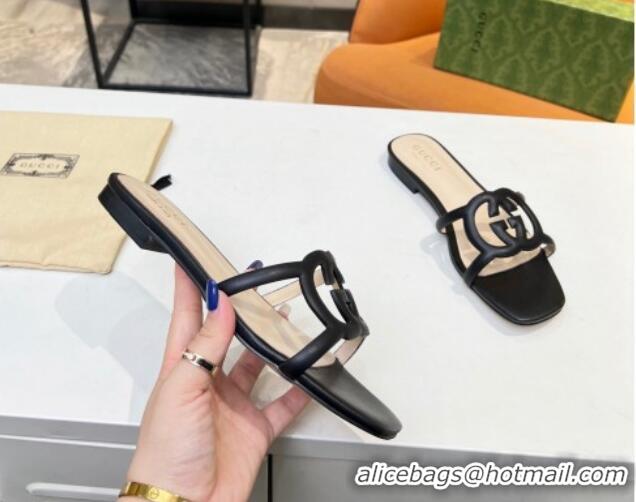 Good Product Gucci Leather Flat Slide Sandals with Cutout GG Black 916052