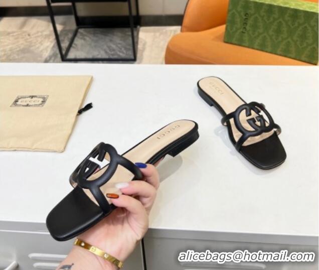 Good Product Gucci Leather Flat Slide Sandals with Cutout GG Black 916052